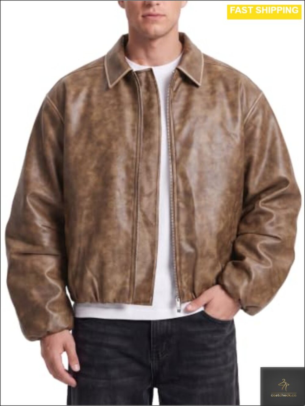 Men's Cropped Faux Leather Bomber Jacket Oversized Two-Way Zip Streetwear Coat